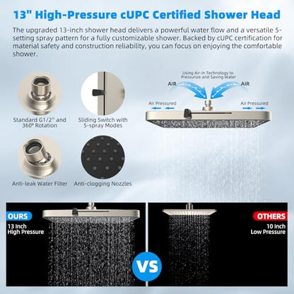 Hibbent 13'' 5-spray Rain Shower Head, 10-Spray Handheld, Brushed Nickel | cUPC Certified High Pressure Dual Showerhead Combo, Upgraded Rainfall Shower Head, 12'' Extension Arm, 71'' Hose & Holder - color: Brushed Nickel, style: Square 13''