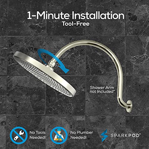 SparkPod 10 Inch Round Rain Shower Head - Ceiling or Wall Mount Rainfall Shower Head - Large Coverage Showerhead - Brass Ball Joint with 360° Adjustment - 1-Min Install (Elegant Brushed Nickel) - color: 2 - Elegant Brushed Nickel 10 Inch Round, style: 10
