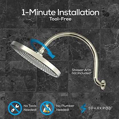 SparkPod 10 Inch Round Rain Shower Head - Ceiling or Wall Mount Rainfall Shower Head - Large Coverage Showerhead - Brass Ball Joint with 360° Adjustment - 1-Min Install (Elegant Brushed Nickel) - color: 2 - Elegant Brushed Nickel 10 Inch Round, style: 10