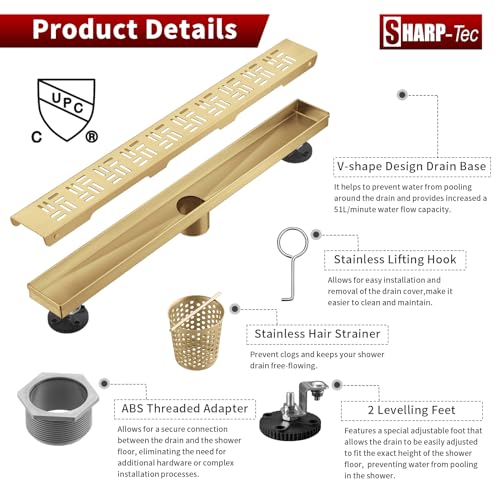 Sharp-tec Shower Drain, 32 inch Linear Shower Drain, Brushed 304 Stainless Steel Rectangular Shower Floor Drain with Adjustable Leveling Feet, Hair Strainer, cUPC Certified, ST-092-32G - color: Gold, size: 32 inch