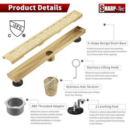 Sharp-tec Shower Drain, 32 inch Linear Shower Drain, Brushed 304 Stainless Steel Rectangular Shower Floor Drain with Adjustable Leveling Feet, Hair Strainer, cUPC Certified, ST-092-32G - color: Gold, size: 32 inch