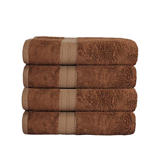 Superior Bath Towel Set, Rayon from Bamboo Cotton Blend, Ideal for Bathroom, Guest Bathroom, and Beach, Modern Style with Solid Dobby Border, Includes 4 Pieces; Bath Towels, Cocoa