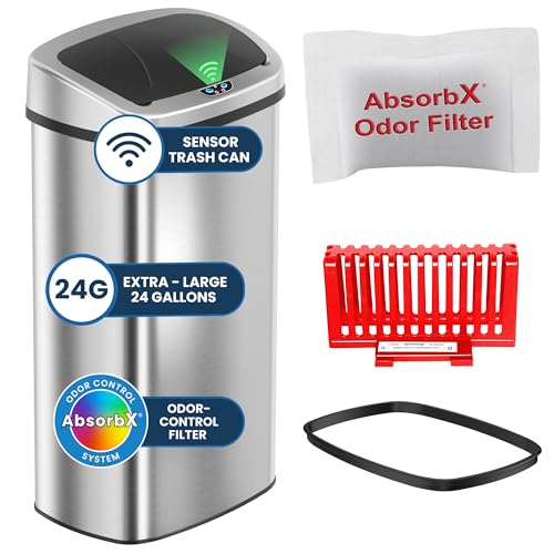 iTouchless Patented 24 Gallon Motion Sensor Trash Can with AbsorbX Odor Filter, Extra-Large 91L Stainless Steel Commercial Kitchen Garbage Bin, Fits Standard XL Bags, Long Battery Life - color: Soft Silver, Black, 24 Gal Sensor