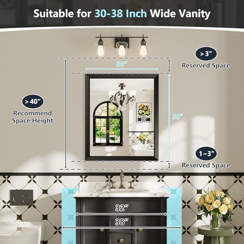 30x36 Inch Black Bathroom Mirror for Wall, Beveled Framed Rectangle Bathroom Vanity Mirrors for Over Sink, Bedroom, Living Room, Entryway, Anti-Rust, HD Tempered Glass, Horizontally/Vertically - size: 30"L x 36"W