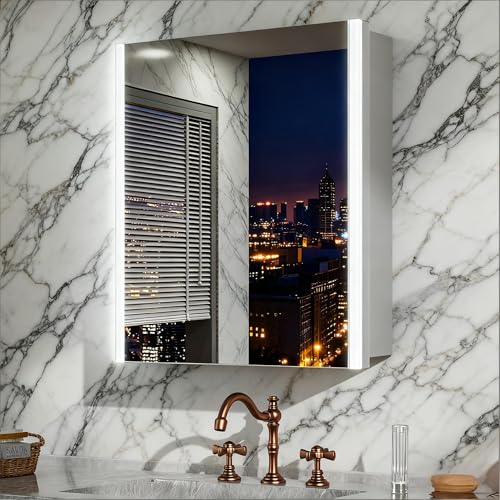 16 x 20 Medicine Cabinet with Lighted Mirror, Pre-Assembled Silver Medicine Cabinets Mirror with Storage for Bathroom, Surface/Recessed Wall Mounted Farmhouse Large Medicine Cabinet - color: Lighed -Silver, size: 16 x 20