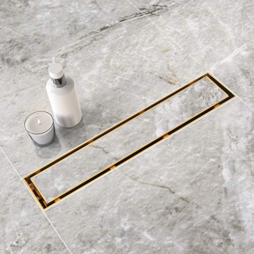 Neodrain 12" Gold Linear Shower Drain,2-in-1 Flat& Tile Insert Cover | 304 Stainless Steel,Fast Drainage, Durable,Rectangle Shower Floor Drain with Adjustable Feet,Hair Strainer,Fits Bathrooms - color: Golden, size: 12 In