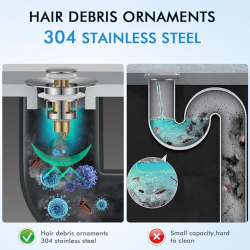 Bathroom Sink Stopper, Pop Up Drain Stopper with Overflow, Premium Metal Chrome and Brass Construction, Easy Installation, No Plumber Required