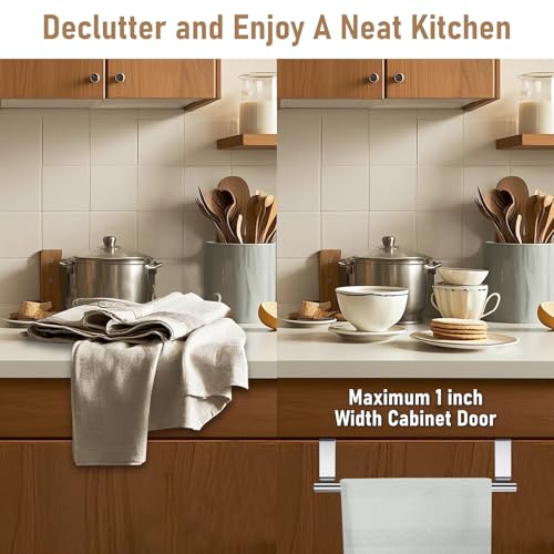 Over Cabinet Towel Bar with Hooks, 14 Inch | Brushed Stainless Steel Over The Door Towels Rack for Home Kitchen Inside Outside Cabinets Doors Hand Dish Towels Washcloths