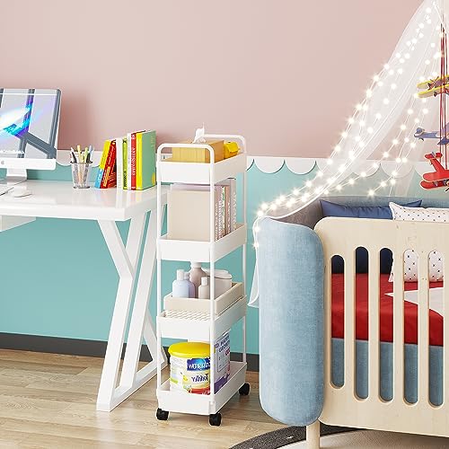 Buzowruil Rolling Storage Cart 4 Tier Organizer Mobile Shelving Unit Storage Rolling Utility Cart with Wheels for Kitchen Bathroom Laundry,White