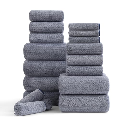 Ycosy 18 Piece Bath Towels Set,100% Microfiber Family Bathroom Towel with Hanging Loops-6 Bath Towels,6 Hand Towels,6 Washcloths,Quick Dry Highly Absorbent Shower Towel for Bathroom,Hotel,Spa-Navy - color: Navy, size: 18 Piece Towel Set