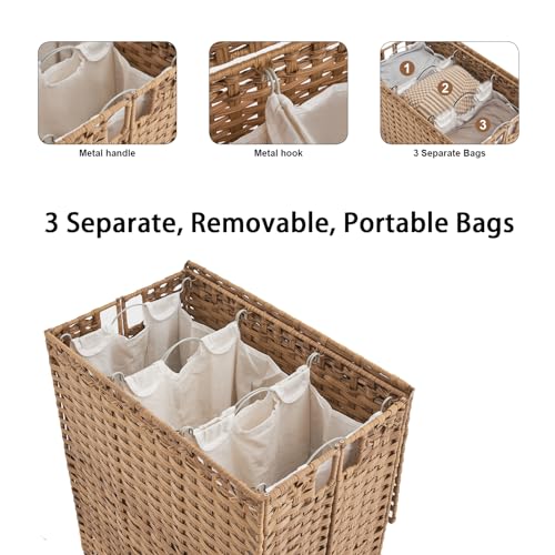 Laundry Hamper with Wheels&Lid, 50.2 Gallons(190L) Rolling Laundry Basket with Wheels, 3-Section Laundry Hamper, Handwoven Rattan Clothes Hamper with 6 Removable Liner& 3 Mesh Laundry Bags, Natural - color: Natural