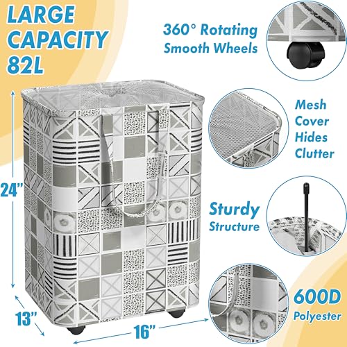 Simple Houseware Large 82L Laundry Basket with Wheels and Handles, Gray | Collapsible Waterproof Hamper with Mesh Cover - color: Gray