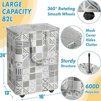 Simple Houseware Large 82L Laundry Basket with Wheels and Handles, Gray | Collapsible Waterproof Hamper with Mesh Cover - color: Gray