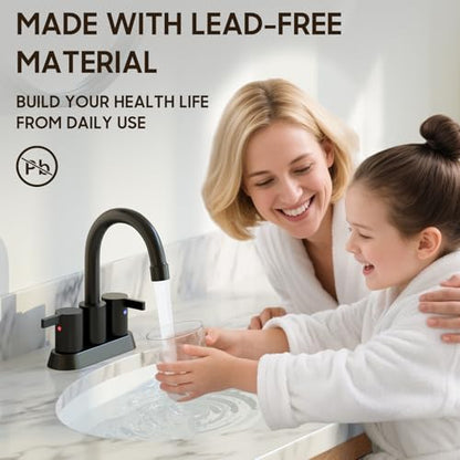 Phiestina 4 Inch 2 Handle Centerset Matte Black Lead-Free Modern Bathroom Faucet, 360 Swivel Spout 2-3 Hole RV Bathroom Vanity Sink Faucet with Pop Up Drain and Water Supply Lines,BF015-1-MB - color: Matte Black