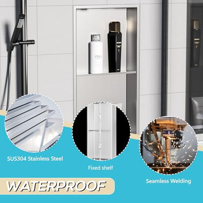 Qeke 12" x 24" Stainless Steel Shower Niche w/Double Shelves, Brushed Nickel - color: Brushed Nickel, size: 12X24"