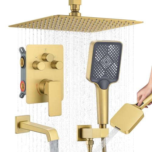Bathtub Shower Faucet Set with Pressure Balance Valve, 12" Ceiling Mount Shower System with Tub Spout Multi-function Handheld Head Push Button Diverter Shower Trim Kit, Brushed Gold - color: Brushed Gold, style: 12"-Square-Tub-01
