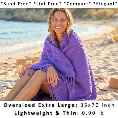 PÜSKÜL 2-Piece Luxury Natural 100% Turkish Cotton Beach Towels Waffle Weave | Purple, Oversize 35x70" Bath Sheet Towel Lightweight Soft Absorbent Quick-Dry Sand-Free Peshtemal Oeko-Tex Made in Turkey - color: Purple