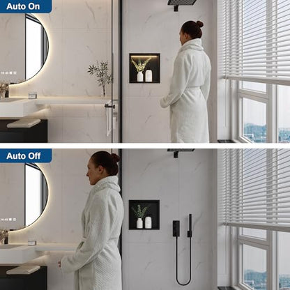 Smart Body Sensor Shower Niche, Black 12"x12" | Recessed Wall Niche with White 3000K LED Light , Waterproof &Rustproof, 304 Stainless Steel Bathroom Cabinet - size: 12X12In