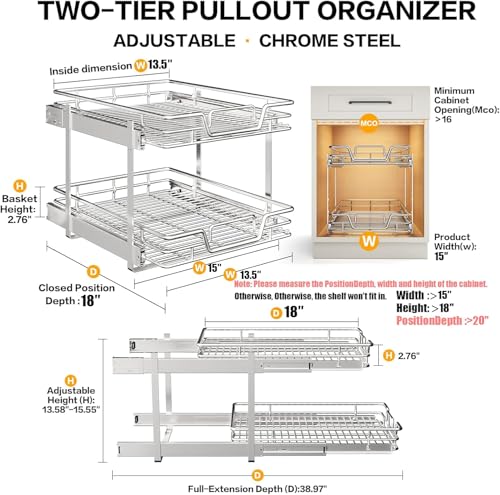 2-Tier Kitchen Cabinet Pull Out Shelf and Drawer Organizer Slide Out Pantry Storaqe Basket in Multiple Sizes (15" W x18 D) - size: 15" W x18" D