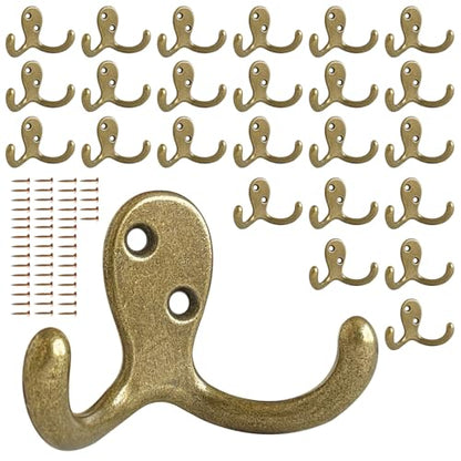 CBWLWJ 25 Pack Coat Hooks Wall Hooks for Hanging, Heavy Duty Double Prong Metal Hook Wall Mounted for Living Room, Bathroom, Kitchen, Bedroom for Coat, Bag, Scarf, Towel, Hat, Key, Cup (Bronze) - color: Bronze-25pack