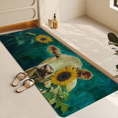 Bathroom Runner Mat Rugs Long,Cow with Sunflower Animal Beautiful Diatomite Stone Bath Mat Large Absorbent Diatomaceous Earth Mat Non Slip Fast Dry Shower Mat Bathroom Rugs Floor Mat 16x42in - color: Design15