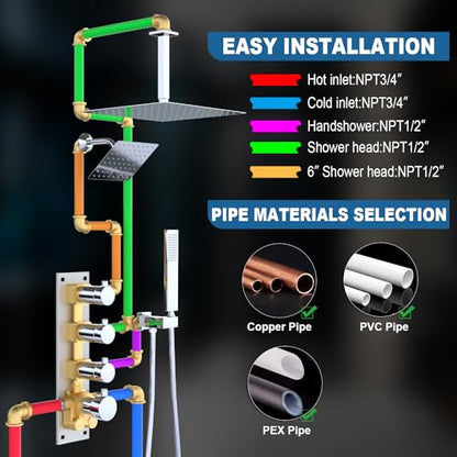 Enga Thermostatic Dual Head Shower System, 16 Inch Ceiling Mount Shower Head with 6 Inch Wall Mount Shower Head Shower Faucet Set, All Functions Can Operate Simultaneously, Chrome - color: Chrome, style: ‎16"+6" Head