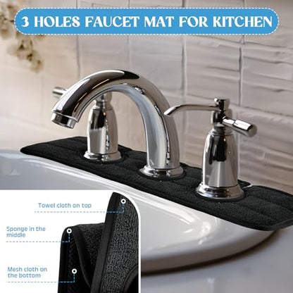 Teenyyou 2 Pcs Faucet Mat for Kitchen Sink Splash Guard for Kitchen Sink Faucet Dish Drying Mat for Bathroom Sponge Holder(Black,3 Round Holes) - color: Black