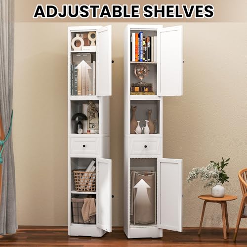 71 Inch Tall Narrow Bathroom Storage Cabinet, Slim Metal Freestanding Floor Cabinet with Doors, Adjustable Shelves, Drawer & Open Shelf, Bathroom Organizer for Small Spaces, White