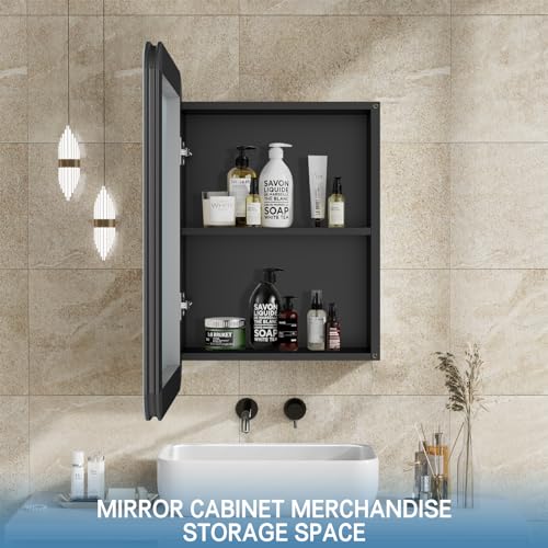24x16 Inch Bathroom Medicine Cabinet Black, Wall Mounted Bathroom Medicine Cabinets or Recessed Mirror Cabinet Rounded Rectangle Medicine Cabinets - color: Black Aluminium（24‘’x16‘’）