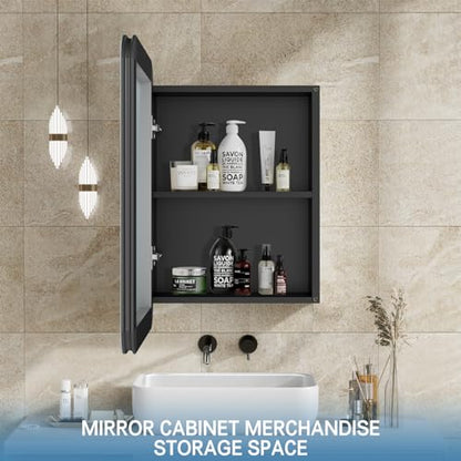 24x16 Inch Bathroom Medicine Cabinet Black, Wall Mounted Bathroom Medicine Cabinets or Recessed Mirror Cabinet Rounded Rectangle Medicine Cabinets - color: Black Aluminium（24‘’x16‘’）