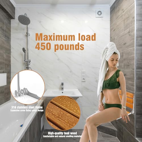 Folding Shower Seat Wall Mounted Shower Seat,Folding Shower Bech Chair 316 Stainless Steel Frame,Foldable Teak Wood Fold Down Shower Seat Beech Wood 450 lbs,1 Pack - color: Beech Wood Color