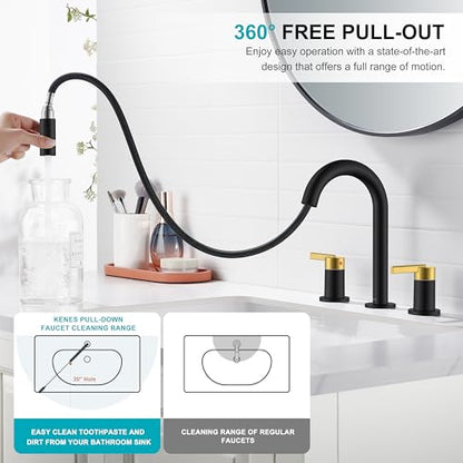 Black and Gold Pull Down Widespread Bathroom Faucet 3 Hole 2 Handle | Pull Out Bathroom Faucet with Pop Up Drain & Supply Lines, Lead-Free cUPC & NSF Certified, 8 Inch Faucet for Vanity RV Sink - color: Black & Gold