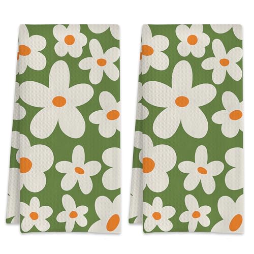 Retro Groovy Flowers Green Vintage Boho Hand Towels Set of 2,Waffle Weave Soft Absorbent Kitchen Dish Towels,Decorative Bathroom Towel for Hotel Bath Gym Yoga 16"x24" - color: Retro Groovy Flowers Green Vintage Boho