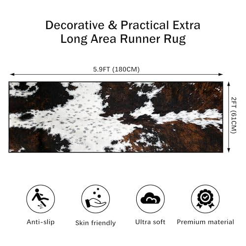 Western Cowhide Print Runner Rug 2x6 for Hallway Farmhouse Home Decor Throw Carpet Non Slip Washable Fur Area Rug Mat for Entryway Laundry Bedroom Bathroom (24" W x 72" L, Cow Print) - size: 2' x 6' (Rectangular)
