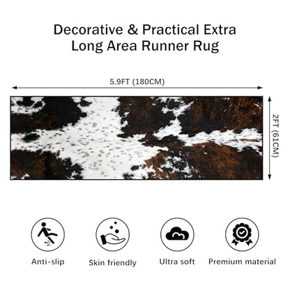 Western Cowhide Print Runner Rug 2x6 for Hallway Farmhouse Home Decor Throw Carpet Non Slip Washable Fur Area Rug Mat for Entryway Laundry Bedroom Bathroom (24" W x 72" L, Cow Print) - size: 2' x 6' (Rectangular)