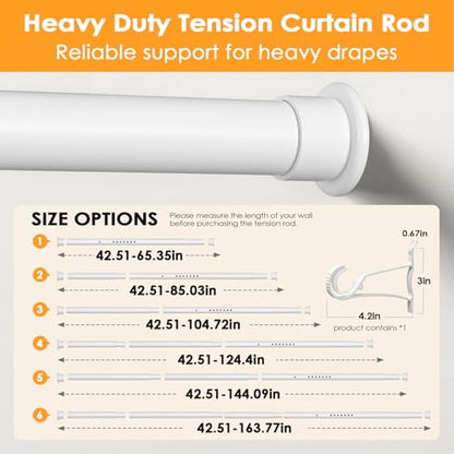 Tension Curtain Rod 43-163 Inches Extra Long White Heavy Duty | Tension Rods Adjustable Curtain Rod No Drilling Spring Loaded Tension Rod for Windows Patio Curtains and Non Slip - color: White, size: 43 to 163 inches