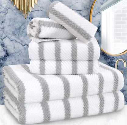 VOOVA & MOVAS 6PC Towel Set, 100% Cotton, Gray Beige | 2 Large Bath Towels 30x56 In, 2 Hand Towels 18x28 In, 2 Washcloths 13x13 In, Quick Dry, Thick, Soft, College Dorm Towels - color: Gray + White, size: 6 PC Bathroom Towel Set