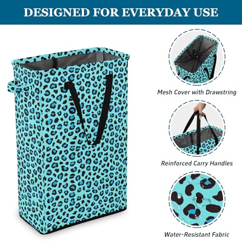 Leopard Cheetah Aqua Laundry Hamper Dirty Clothes Laundry Basket Bin for Bedroom Bathroom with Handles Slim Tall Collapsible Waterproof Freestanding 48L - color: Leopard cheetah Aqua