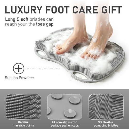 Shower Foot Scrubber Mat in Shower, XL Silicone 3D Feet Bath Washer | For Shower Floor Bathtub Non-slip Suction Cups without Bending, Upgraded Brush Massage Exfoliate Toes Cleaner, 17.4*13" Grey - color: 17*13.39" Grey