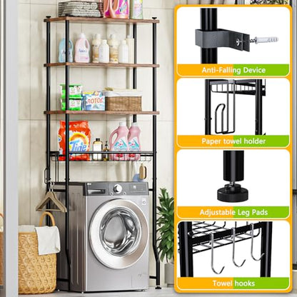 Over-The-Toilet Storage Shelf,4-Tier Bathroom Organizer Cabinet Rack And Storage Over Toilet With Shelf Waterproof Feet Pad And Basket,Multifunctional Space Saver Freestanding Bathroom Shelves（Brown） - color: Round Tube - Brown