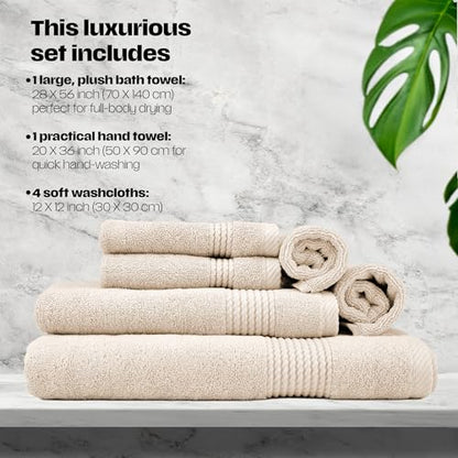 Lara Premium Bath Towel Set 6 Piece - Soft & Highly Absorbent Bathroom Towel Set, 100% Luxury Turkish Cotton, Flannel Bath Towels, 1 Bath Towel, 1 Hand Towel, 4 Washcloths - Beige - color: Beige, size: 1 Bath Towel, 1 Hand Towel, 4 Wash Cloths