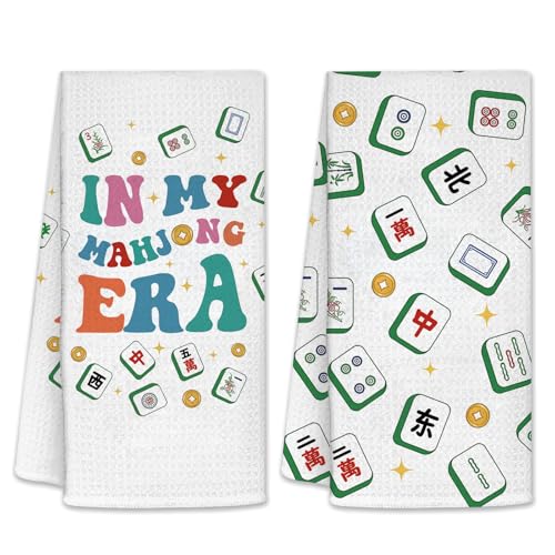 Funny Kitchen Towels, Mahjongs Hand Towels for Bathroom, Mahjong Gifts for Women, Hand Tea Towels, Mahjong Accessories, Waffle Dish Towels for Christmas Thanksgiving Day 26x17 inch, 2 Pack - color: Mahjong-era