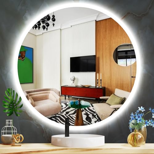 THEKLA 32 inch Bathroom Backlit LED Round Mirror for Bathroom Wall Circle Round Lighted Vanity Mirror with Lights Backlit Smart Memory 3 Color Dimmable Anti-Fog 32" Frameless Circle Light up Mirrors - color: 32"l X 32"w