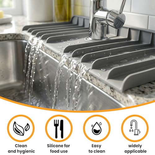 Silicone Faucet Sink Mat – Non-Slip Reusable Dish Drying Sink Tray Mat Splash Guard for Kitchen Bathroom Fits RV, Countertop (Black, 13.38"×5.51"×0.59") - color: Black