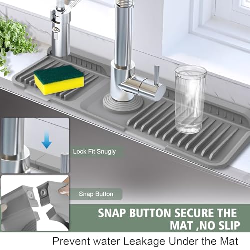 17.7-Inch Kitchen Sink Splash Guard Mat | 7° Slope for Fast Self-Draining | Snap-Lock Design | Universal & Cuttable Silicone Faucet Mat Gray - color: Gray, size: 17.7" x 5.5"