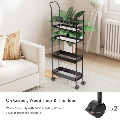 danpinera 4 Tier Slim Cart with Wheels, 7.7’’ Metal Skinny Rolling Storage Cart on Wheels for Kitchen, Bedroom, Office, Laundry Room, Small Narrow Spaces with Hooks and Cups, Black