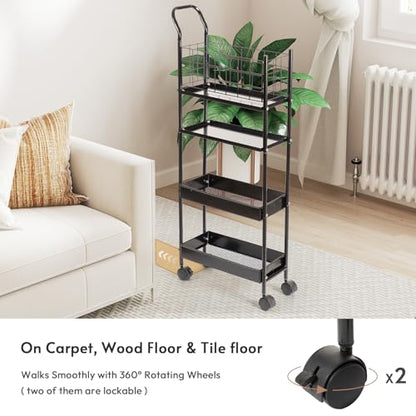 danpinera 4 Tier Slim Cart with Wheels, 7.7’’ Metal Skinny Rolling Storage Cart on Wheels for Kitchen, Bedroom, Office, Laundry Room, Small Narrow Spaces with Hooks and Cups, Black