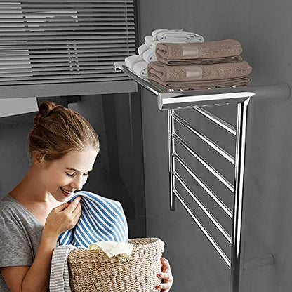 6 Bar Wall Mounted Towel Warmer with Top Shelf, Energy Efficient 105W Electric Heated Towel Rack for Bathroom, Towel Heater Rail On/Off Switch - size: plugin