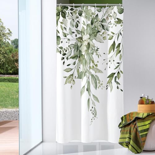 Olive Green Eucalyptus Shower Curtain, Floral Print, 36x72 | Watercolor Plant Leaves Floral Print, Small Stall Waterproof Fabric Bathroom Decor, Machine Washable, Rustproof Grommets - color: Olive Green, size: 36"W x 72"L (Pack of 1)