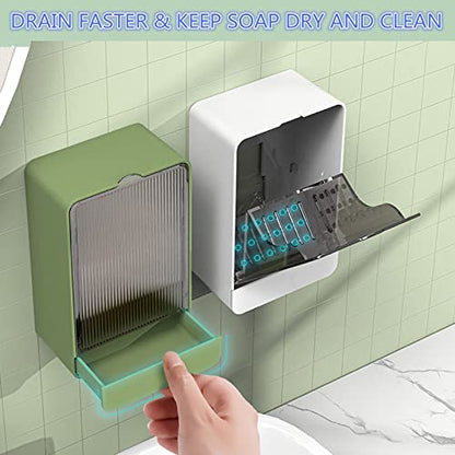 HANCELANT Bathroom Soap Dishes, 2 Pack Bar Soap Holder with Drain Wall Mounted Soap Box for Shower, Bathroom, Kitchen Sink, Keep Soap Bars Dry, Waterproof Dustproof, No Drilling, Adhesive Include - color: Green+green